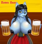  absurd_res anthro beverage_can big_breasts breasts canid canine canis clothed clothing female hi_res looking_at_viewer looking_pleasured mammal mature_female nipples oktoberfest raven_hunt smartwhitefang solo thick_thighs topless wolf 