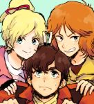  1girl 2boys beecha_oleg blonde_hair blue_eyes brown_hair elle_vianno fingerless_gloves freckles gloves green_eyes gundam gundam_zz inasaba judau_ashta multiple_boys orange_hair ponytail short_hair smile v 