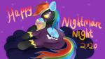  16:9 candy clothing cloud costume eating equid equine female food friendship_is_magic halloween halloween_2020 hasbro holidays jbond mammal my_little_pony pegasus rainbow_dash_(mlp) shadowbolts_(mlp) solo text widescreen wings 