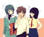  1girl black_hair blue_hair brown_hair closed_eyes fa_yuiry gundam gundam_zz inasaba jacket jacket_removed judau_ashta jumpsuit kamille_bidan lowres necktie petting short_hair skirt sleepy sweater turtleneck turtleneck_sweater yawning 