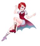  1girl :d arm_up bangs blue_eyes blush boots breasts cape facial_mark fangs frills full_body hand_up high_heels highres idolmaster idolmaster_million_live! julia_(idolmaster) knee_up looking_at_viewer open_mouth puffy_short_sleeves puffy_sleeves red_footwear red_hair shirt shoes short_hair short_shorts short_sleeves shorts simple_background small_breasts smile solo star_tattoo symbol_commentary taemin tattoo upper_teeth white_background white_shirt white_shorts 