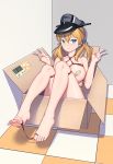  1girl absurdres anchor_hair_ornament aqua_eyes areolae bandaid bandaids_on_nipples bdsm blonde_hair bondage bound box breast_bondage breasts cardboard_box corner double_v hair_ornament hat highres in_box in_container kantai_collection konishi_(565112307) large_breasts long_hair low_twintails pasties peaked_cap prinz_eugen_(kantai_collection) red_nails red_rope rope shibari sitting solo twintails v 
