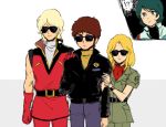  !? 1girl 3boys amuro_ray beltorchika_irma blonde_hair blue_eyes blue_hair brown_hair char_aznable gloves gundam inasaba jumpsuit kamille_bidan kerchief long_hair multiple_boys quattro_vageena short_hair smile sunglasses sweater turtleneck turtleneck_sweater zeta_gundam 