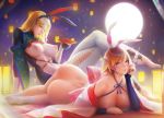  2girls animal_ears arata_yokoyama areola_slip areolae arm_support ass back_bow bare_shoulders barefoot blonde_hair blue_eyes bottomless bow breasts brown_hair bunny_ears bunny_hair_ornament chin_rest cleavage comic_anthurium criss-cross_halter crossed_legs cup dango detached_sleeves fake_animal_ears food full_moon furisode gloves green_eyes hair_ornament hairband half_gloves halterneck highres japanese_clothes kimono lace-up_thighhighs lantern large_breasts lips long_sleeves looking_at_viewer lying mochi moon multiple_girls navel nipples no_bra no_panties no_shoes non-web_source obi off_shoulder on_stomach original paper_lantern partially_fingerless_gloves photoshop_(medium) sakazuki sash short_hair sitting smile tabi toeless_legwear wagashi white_legwear wide_sleeves 