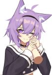  1girl absurdres animal_ear_fluff animal_ears blush cat_ears cat_tail choker detached_arm ghost_(tama) hand_on_another&#039;s_cheek hand_on_another&#039;s_face highres hololive looking_at_viewer nekomata_okayu one_eye_closed pov purple_eyes purple_hair solo tail virtual_youtuber 