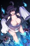  1girl ahoge blush breasts cleavage cross embarrassed fire flame gastly gen_1_pokemon gengar ghost ghost_pose graveyard haunter headband hex_maniac_(pokemon) highres kenron_toqueen large_breasts long_hair looking_at_viewer messy_hair pokemon pokemon_(game) pokemon_xy purple_hair purple_headband see-through see-through_dress sweat thighs tombstone tongue tongue_out under_dress 