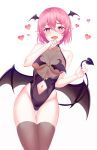  1girl :d absurdres bare_arms bare_shoulders black_leotard breasts brown_legwear clothing_cutout cowboy_shot demon_girl demon_tail demon_wings fangs groin head_wings heart heart-shaped_pupils highleg highleg_leotard highres holding_tail large_breasts leotard looking_at_viewer lucid_(maplestory) maplestory muyang naughty_face navel navel_cutout open_mouth pink_eyes pink_hair pointy_ears revealing_clothes see-through short_hair sidelocks simple_background smile solo standing succubus symbol-shaped_pupils tail thigh_gap thighhighs thighs white_background wings 