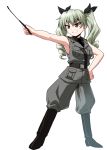 1girl absurdres adapted_costume anchovy_(girls_und_panzer) anzio_military_uniform bangs belt black_belt black_footwear black_neckwear black_ribbon black_shirt boots commentary dress_shirt drill_hair eyebrows_visible_through_hair full_body girls_und_panzer green_hair grey_jacket grey_pants grin hair_ribbon hand_on_hip highres holding jacket kamishima_kanon knee_boots long_hair looking_to_the_side military military_uniform necktie pants red_eyes ribbon riding_crop sam_browne_belt shirt simple_background sleeveless sleeveless_jacket smile solo standing twin_drills twintails uniform white_background wing_collar 