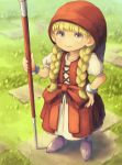  1girl absurdres blonde_hair boots bow braid child closed_mouth dragon_quest dragon_quest_xi dress grass hat highres holding holding_staff long_hair okame_nin puffy_short_sleeves puffy_sleeves purple_eyes purple_footwear red_bow red_dress red_headwear short_sleeves smile solo staff standing twin_braids veronica_(dq11) white_dress wristband 
