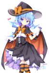  1girl alternate_costume black_cape black_dress blue_eyes blue_hair bow candy cape cape_lift cirno dress eyebrows_visible_through_hair food halloween halloween_costume hat highres ice ice_wings kuraaken legs_together lifted_by_self lollipop orange_bow orange_cape pumpkin short_hair simple_background solo striped striped_legwear swirl_lollipop thighhighs thighs touhou white_background wings witch_hat 