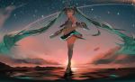  1girl absurdres backlighting black_skirt blue_eyes blue_hair c-up detached_sleeves evening hatsune_miku highres huge_filesize long_hair looking_down scenery skirt thighhighs twilight twintails very_long_hair vocaloid 