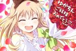  &gt;_&lt; 1girl :d bangs blonde_hair bouquet bow closed_eyes collarbone commentary_request dress elbow_gloves eyebrows_visible_through_hair flower frilled_dress frills gloves green_bow hair_bow highres long_hair namori ootsubo_yuka open_mouth petals rose rose_petals smile solo sparkle toshinou_kyouko translated white_dress xd yuru_yuri 