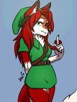  3:4 animated anthro blinking canid canine clothed clothing cosplay fangs female fox fur half-vampire heterochromia koyu_ruh krazyelf link looking_at_viewer mammal neck_tuft nintendo red_body red_fur short_playtime skimpy smiling_at_viewer solo standing the_legend_of_zelda tuft tunic video_games white_body white_fur 
