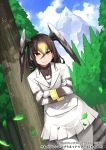  bird_girl bird_tail bird_wings blonde_hair brown_hair brown_neckwear brown_shirt collared_shirt commentary_request cowboy_shot hair_between_eyes happa_(cloverppd) head_wings jacket kemono_friends kemono_friends_3 leaning_to_the_side long_hair long_sleeves looking_at_viewer multicolored_hair necktie northern_goshawk_(kemono_friends) official_art pantyhose pleated_skirt shirt skirt striped striped_neckwear striped_sleeves tree uniform white_hair white_jacket white_legwear white_neckwear white_skirt wings yellow_eyes 