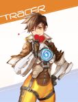  1girl achyue brown_hair character_name earrings gloves hand_on_hip heart holding holding_heart jewelry one_eye_closed overwatch parted_lips short_hair sleeves_rolled_up smile solo star_(symbol) tracer_(overwatch) yellow_eyes zipper 
