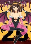  1girl animal_print bat_print bat_wings black_footwear boots breasts brown_eyes brown_hair cleavage closed_mouth clothing_cutout commentary_request cosplay facing_viewer fur_trim hairband haruhisky heart_cutout high_heels highres knee_boots looking_at_viewer medium_breasts morrigan_aensland morrigan_aensland_(cosplay) pantyhose print_legwear ribbon smile solo suzumiya_haruhi suzumiya_haruhi_no_yuuutsu wings yellow_hairband yellow_ribbon 