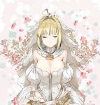  1girl ahoge arm_warmers bangs belt belt_buckle blonde_hair blush breasts bridal_veil bride buckle chain cleavage closed_eyes collar commentary_request eyebrows_visible_through_hair fate/extra fate/extra_ccc fate_(series) garter_straps incoming_kiss large_breasts leotard lock naruse_chisato nero_claudius_(bride)_(fate) nero_claudius_(fate)_(all) parted_lips petals short_hair sidelocks solo veil white_leotard 