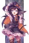  1girl animal_ears asashio_(kantai_collection) bangs black_dress black_hair blue_eyes bow cape cat_ears cat_tail dated dress eyebrows_visible_through_hair fangs frilled_dress frills gloves hair_bow halloween halloween_costume hat kantai_collection long_hair long_sleeves nigo open_mouth pinafore_dress remodel_(kantai_collection) shirt signature simple_background solo striped striped_legwear tail thighhighs torpedo_tubes white_gloves white_shirt witch_hat 