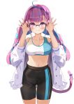 1girl ahoge anchor_hair_ornament bangs bike_shorts blue_hair braid breasts cat_tail cleavage collarbone commentary_request exercise glasses hair_ornament highres hololive jacket medium_breasts minato_aqua multicolored_hair navel pink_hair shorts sidelocks solo sports_bra tail taut_clothes taut_shorts togo_(korlsj1235) twintails two-tone_hair virtual_youtuber white_background white_jacket 