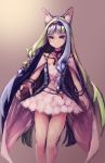  1girl 7th_dragon_(series) 7th_dragon_iii :&lt; animal_ears black_choker bracelet cape cat_ears choker closed_mouth dress fortuner_(7th_dragon) green_eyes green_hair grey_hair hairband highres jewelry long_hair looking_at_viewer multicolored_hair o-ring o-ring_top okame_nin short_dress solo standing two-tone_hair very_long_hair 