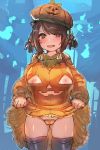  1girl bow_(bhp) granblue_fantasy hair_ornament halloween halloween_costume hat heart heart-shaped_pupils nipple_cutout nipples orange_panties panties pumpkin_costume short_hair skirt skirt_lift symbol-shaped_pupils thighhighs twintails underwear yaia_(granblue_fantasy) 