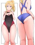  1girl absurdres ass ass_visible_through_thighs ayase_eli blonde_hair blue_eyes covered_navel hands_on_own_chest highres looking_at_viewer love_live! love_live!_school_idol_project multiple_views one-piece_swimsuit ponytail scrunchie swimsuit thighs wewe white_background white_scrunchie 