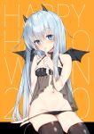  1girl alternate_costume babydoll bare_arms bare_shoulders black_legwear black_panties blue_eyes blush breasts choker demon_girl demon_horns demon_tail demon_wings finger_to_mouth frills groin haiba_09 halloween halloween_costume happy_halloween hibiki_(kantai_collection) highres horns kantai_collection lingerie long_hair looking_at_viewer navel panties panty_pull see-through silver_hair small_breasts solo tail thighhighs underwear underwear_only very_long_hair wings 