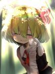  1girl ascot bangs black_vest blonde_hair blush buttons collared_shirt dappled_sunlight dress_shirt eyebrows_behind_hair gomeifuku grin half-closed_eyes highres light_rays long_sleeves no_nose red_eyes red_neckwear rumia shirt short_hair smile solo sunbeam sunlight teeth touhou vest white_shirt 