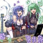  2girls bdsm chain green_hair hieda_no_akyuu highres kochiya_sanae monikano multiple_girls open_mouth purple_hair sex_toy speech_bubble touhou translation_request 