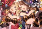  2girls arm_warmers bangs beatrix_(granblue_fantasy) bikini bikini_top black_gloves blonde_hair blue_eyes breasts candy candy_cane cleavage commentary_request eyebrows_visible_through_hair feb_itk food ghost gloves granblue_fantasy hairband halloween halloween_costume happy_halloween hat licking light_brown_eyes light_brown_hair lollipop medium_breasts medium_hair multiple_girls open_mouth parted_bangs pumpkin striped striped_bikini striped_legwear swimsuit tongue tongue_out twintails witch_hat zeta_(granblue_fantasy) 