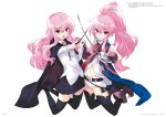  2girls :d bare_shoulders belt black_cape black_legwear black_skirt blue_cape bolo_tie boots bullet cape highres holding holding_hands holding_sword holding_wand holding_weapon louise_francoise_le_blanc_de_la_valliere midriff mother_and_daughter multiple_girls noise_reduction official_art open_mouth pentacle pentagram pink_hair ponytail red_ribbon ribbon scan shirt skirt smile sword thighhighs usatsuka_eiji wand weapon white_shirt zero_no_tsukaima zettai_ryouiki 