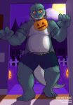  absurd_res anthro background_character basket behemothking belly big_belly bottomwear building cellphone claws clothing crocodilian denim denim_clothing detailed_background digital_media_(artwork) digital_painting_(artwork) door fangs frankenstein full_moon group halloween halloween_costume hi_res holding_object holidays house jack-o&#039;-lantern jeans looking_at_viewer male moon musclegut muscular muscular_male night pants phone reptile scales scalie smile tattoo torfi torn_bottomwear torn_clothing torn_jeans torn_pants trick_or_treat 