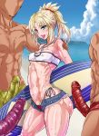  1girl 3boys absurdres andou_hiroyuki ass bare_shoulders beach bikini blonde_hair blush braid breasts covered_nipples day denim denim_shorts erection erection_under_clothes fate/apocrypha fate/grand_order fate_(series) green_eyes hair_ornament hair_scrunchie highres holding holding_surfboard long_hair male_swimwear medium_breasts midriff mordred_(fate)_(all) mordred_(swimsuit_rider)_(fate) multiple_boys navel ocean outdoors penis ponytail red_bikini scrunchie shiny shiny_hair shiny_skin shorts side-tie_bikini solo_focus standing strapless surfboard sweat swim_briefs swimsuit swimwear thighs toned tubetop unbuttoned_shorts water 