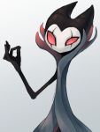  grey_background grimm_(hollow_knight) hand_up highres hollow_knight looking_at_viewer no_humans ok_sign okame_nin red_eyes simple_background solo 