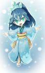  1girl :d absurdres blue_background blue_hair blue_kimono crown fubukihime full_body green_eyes highres japanese_clothes kimono long_sleeves looking_at_viewer obi okame_nin open_mouth outline outstretched_arms ponytail sandals sash smile solo spread_arms white_outline yellow_sash youkai_watch 