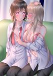 2girls bangs black_pants blonde_hair blush bra breasts brown_hair buttons cleavage collarbone commentary_request dress_shirt eyebrows_visible_through_hair fingernails hand_on_another&#039;s_head highres large_breasts light_smile lino_(lilyparty07) long_hair looking_at_another matching_outfit multiple_girls navel necktie open_mouth original pants pink_bra pink_nails pink_neckwear purple_eyes shirt shirt_tug short_hair_with_long_locks sitting small_breasts strap_slip underwear undressing yuri 