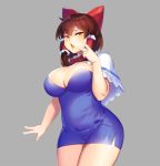  1girl bow breasts brown_hair capelet cookie_(touhou) cosplay dress hair_bow hair_tubes hakurei_reimu highres hinase_(cookie) hinase_(cookie)_(cosplay) large_breasts miniskirt orange_eyes plump reu_(cookie) side_slit simple_background skirt solo tarmo touhou v 