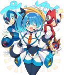  1girl 3boys android arm_cannon axl bangs blonde_hair blue_eyes blue_hair blush breasts brown_hair eyebrows_visible_through_hair green_eyes headphones helmet highres iroyopon long_hair looking_at_viewer multiple_boys open_mouth ribbon rico_(rockman) rockman rockman_x rockman_x_dive short_hair shorts side_ponytail simple_background smile spiked_hair weapon white_background x_(rockman) zero_(rockman) 