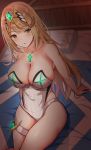  1girl :o arm_support bangs bare_arms bare_shoulders blanket blonde_hair blush breasts brown_eyes casual_one-piece_swimsuit chest_jewel cleavage collarbone eyebrows_visible_through_hair gem glowing highres indoors large_breasts leaning_back long_hair looking_at_viewer mythra_(xenoblade) noeomi on_bed one-piece_swimsuit open_mouth pillow sitting solo strapless strapless_swimsuit swimsuit thigh_strap tiara very_long_hair white_swimsuit xenoblade_chronicles_(series) xenoblade_chronicles_2 