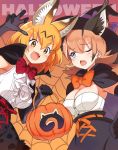  2girls :3 alternate_costume animal_ears bare_shoulders black_cape black_gloves black_skirt blue_eyes blush bow bowtie cape caracal_(kemono_friends) caracal_ears caracal_girl center_frills claw_pose commentary_request cowboy_shot earrings elbow_gloves extra_ears fang fangs frills gloves halloween_basket halloween_costume hands_on_hips high-waist_skirt highres jewelry kamuraaa_615 kemono_friends multiple_girls one-piece_swimsuit open_mouth orange_neckwear red_neckwear serval_(kemono_friends) serval_ears serval_girl serval_print shirt silk skirt sleeveless spider_web swimsuit vampire_costume white_shirt witch_costume yellow_eyes 