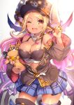  1girl blonde_hair breasts brown_eyes claw_pose cleavage cosplay dark_skin domino_mask draph fang granblue_fantasy hallessena hallessena_(cosplay) halloween hat highres horns kuvira_(granblue_fantasy) large_breasts long_hair mask one_eye_closed piglet pilokey plaid plaid_skirt pointy_ears skirt thighhighs 