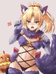  1girl animal_ears blonde_hair breasts cosplay dangerous_beast elbow_gloves fake_animal_ears fake_tail fate/apocrypha fate/grand_order fate_(series) fur_collar fur_trim gloves green_eyes halloween_costume haura_akitoshi jack-o&#039;-lantern long_hair mordred_(fate) mordred_(fate)_(all) o-ring o-ring_top open_mouth ponytail pumpkin purple_gloves purple_legwear revealing_clothes ribbon simple_background small_breasts solo sweatdrop tail thighhighs wolf_ears wolf_girl wolf_tail 