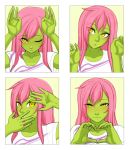  1girl alisa_(razalor) blush border bunny_pose commentary english_commentary green_eyes green_skin heart heart_hands long_hair looking_at_viewer multiple_views one_eye_closed original parted_lips pink_hair razalor shirt smile white_border white_shirt 