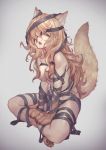  1girl absurdres animal_ear_fluff animal_ears bandages bangs breasts brown_hair fang hair_over_one_eye highres long_hair looking_at_viewer medium_breasts messy_hair nude open_mouth original paws sitting slit_pupils solo tail thighs very_long_hair wolf_ears wolf_girl wolf_tail yasu_(segawahiroyasu) yellow_eyes 