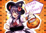  1girl alternate_costume ascot breasts candy eyepatch fake_horns food halloween halloween_costume hat highres horns jack-o&#039;-lantern kantai_collection large_breasts puffy_short_sleeves puffy_sleeves purple_hair red_neckwear short_hair short_sleeves solo tenryuu_(kantai_collection) trick_or_treat upper_body witch_hat yellow_eyes yuudadou 