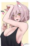  1girl animal_ear_fluff animal_ears black_tank_top blush breasts cat_ears cleavage commentary_request fangs fate/grand_order fate_(series) grey_hair j.k. jeanne_d&#039;arc_(alter)_(fate) jeanne_d&#039;arc_(fate)_(all) kemonomimi_mode large_breasts looking_at_viewer nail_polish open_mouth red_nails short_hair signature smile solo tank_top teeth yellow_eyes 