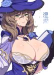  1girl absurdres bangs blush book breasts cleavage duplicate genshin_impact gloves green_eyes hat hat_belt highres holding holding_book large_breasts light_brown_hair lisa_(genshin_impact) long_hair looking_at_viewer mage purple_capelet purple_headwear wet white_background whoosaku witch_hat 