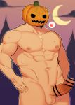  1boy abs absurdres bar_censor bara censored chest clayten completely_nude cowboy_shot crescent_moon erection halloween halloween_costume highres male_focus moon muscle navel nipples nude original penis pumpkin sweat testicles textless thick_thighs thighs veins 