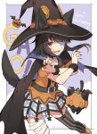  1girl animal_ears asymmetrical_legwear bandage_over_one_eye bandaged_leg bandages black_cape black_headwear black_legwear black_nails cape chomusuke halloween happy_halloween hat kono_subarashii_sekai_ni_shukufuku_wo! looking_at_viewer megumin mishima_kurone multicolored multicolored_nails nail_polish open_mouth orange_nails red_eyes short_hair_with_long_locks skirt smile striped striped_legwear tail teeth thighhighs vertical-striped_legwear vertical_stripes white_skirt witch_hat wolf_ears wolf_tail 