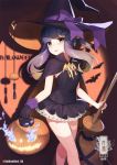  1girl alternate_costume artist_name bangs basket bow broom cape commentary_request dress eyebrows_visible_through_hair gloves halloween halloween_costume hat hat_bow highres jack-o&#039;-lantern kantai_collection long_hair looking_at_viewer pumpkin purple_hair smile solo thighhighs tsushima_(kantai_collection) unidentified_nk witch witch_hat 
